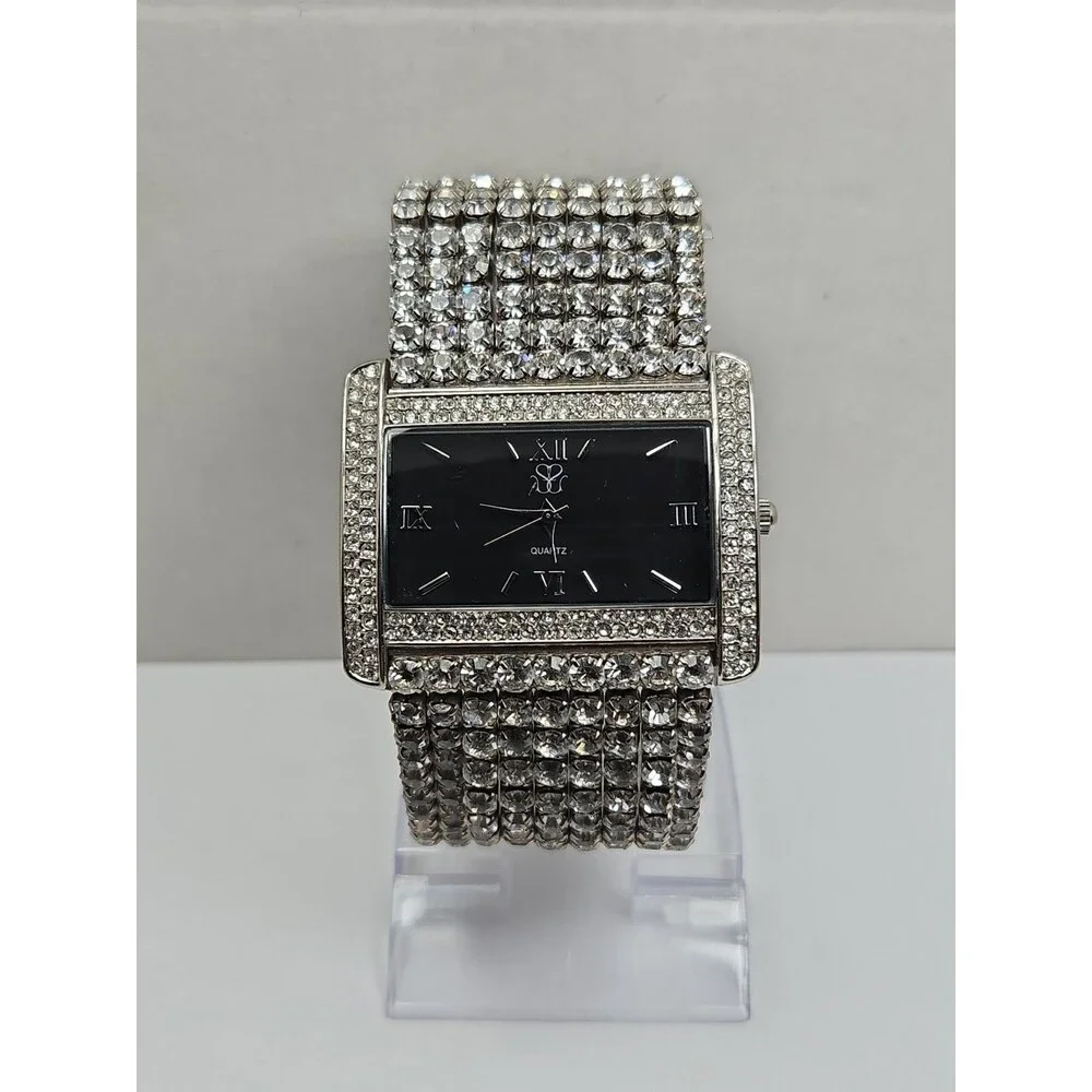 Suzanne Somers Womens Silver Tone Pave Crystal Wide Watch Black Dial New Battery